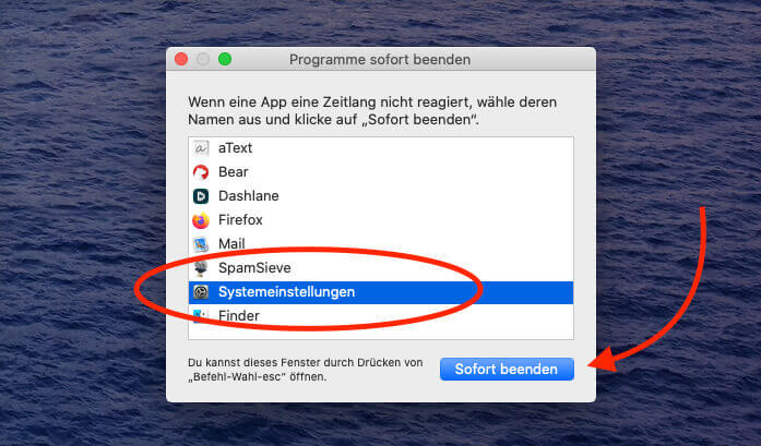 Über das Fenster "Sofort beenden" lassen sich auch die Systemeinstellungen schließen, wenn sie sich nicht beenden lassen.