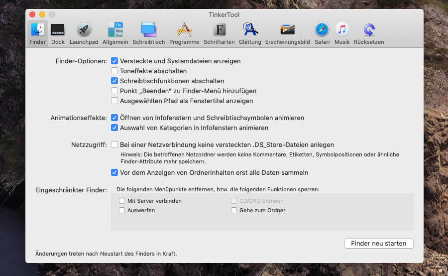 Mit TinkerTool hat man einige Optionen, den Finder zu ändern, die man mit macOS selbst nicht bekommt.