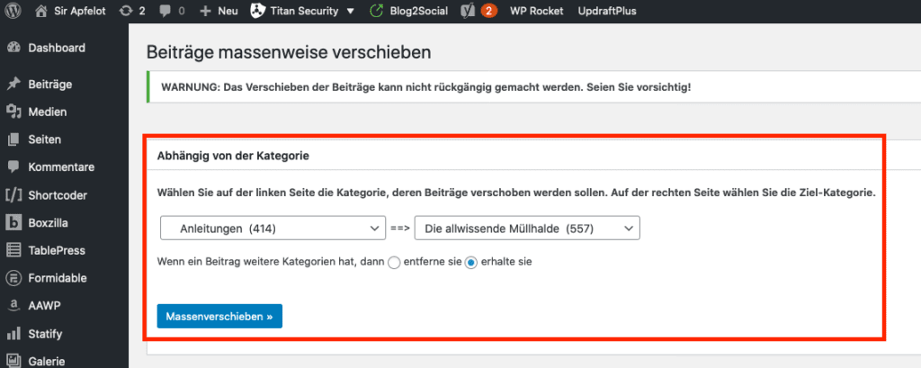 Mit dem Bulk Move Plugin lassen sich alle Beiträge einer Kategorie in eine andere verschieben – mit einem Klick.