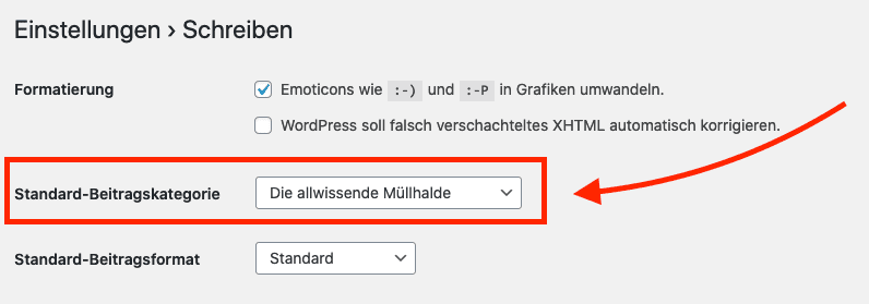 In den WordPress Einstellungen lässt sich die Kategorie festlegen, in der Beiträge landen, deren Kategorie gelöscht wurde.
