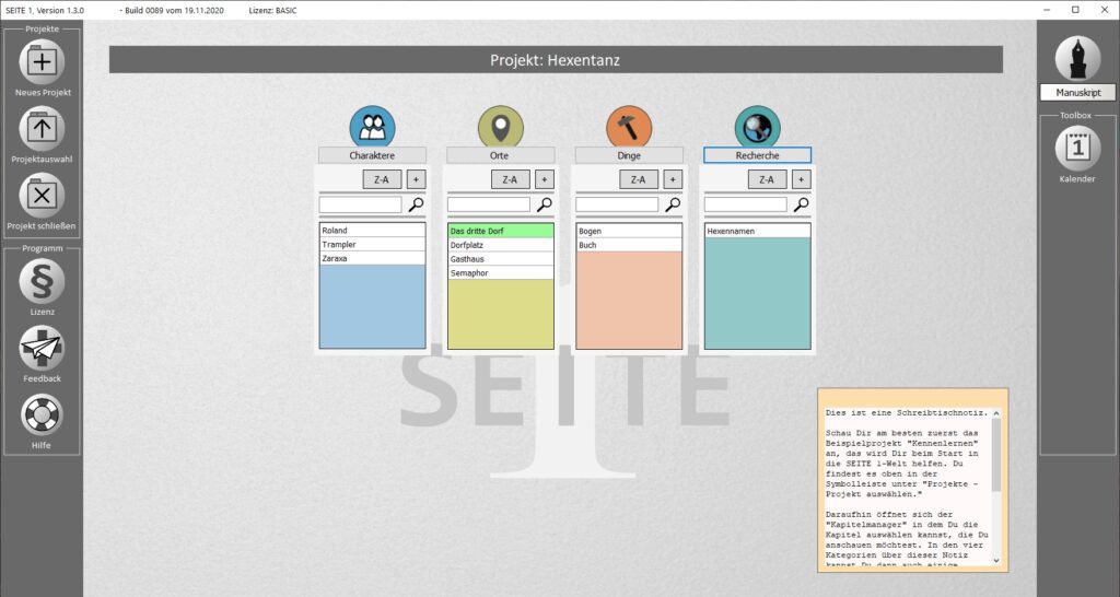 Das Dashboard bzw. der Schreibtisch von SEITE 1 bietet eine Übersicht über Inhalte sowie Platz für Notizen. Es ähnelt dabei einem frühen Betriebssystem, nur eben spezialisiert auf das Projekt, den Roman.