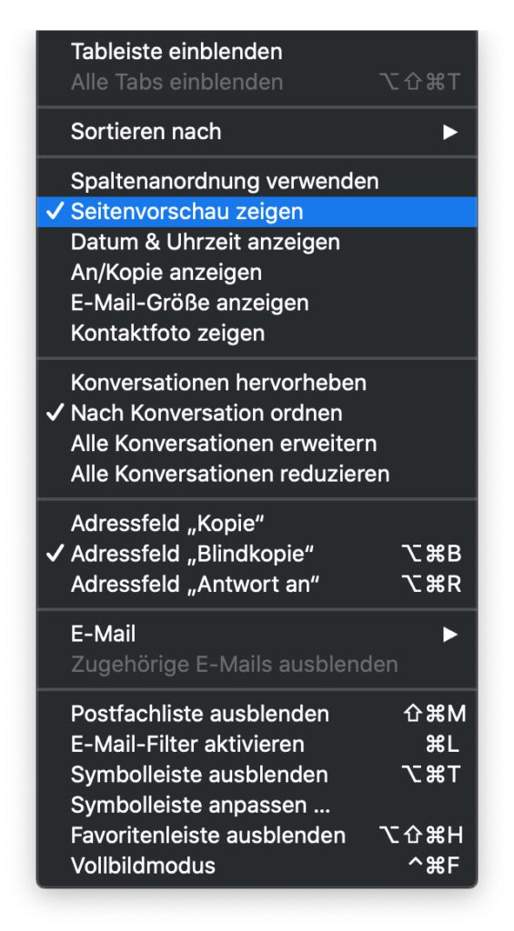Die Darstellung der Mail App von Apple lässt sich umfangreich anpassen. Wenn ihr Mails ablenkungsfrei sortieren wollt, dann schaltet z. B. die Vorschau ab.