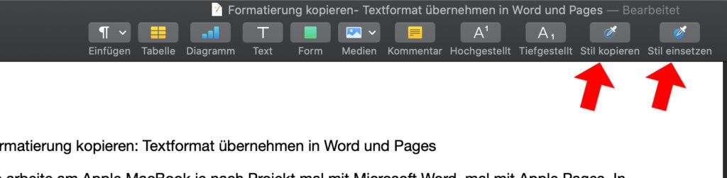 Text-Stil kopieren und einfügen funktioniert in Apple Pages über die Pipetten-Symbole. So geht die Textverarbeitung gleich ein bisschen schneller.