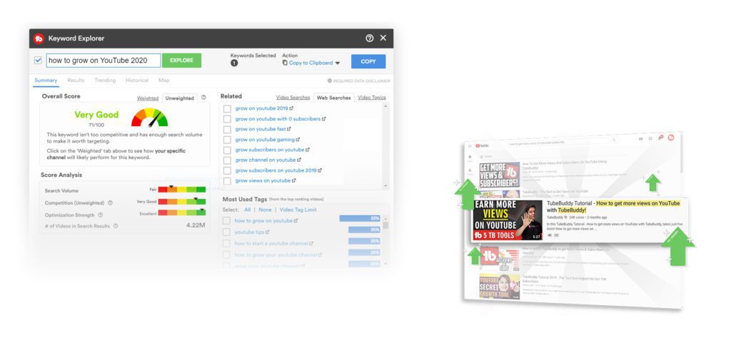 Help for more success on YouTube: TubeBuddy ensures better placement in the search results, thus more clicks and, in the end, more money - possibly through its own advertising deals. The channel growth through more YouTube subscriptions is of course also stimulated.