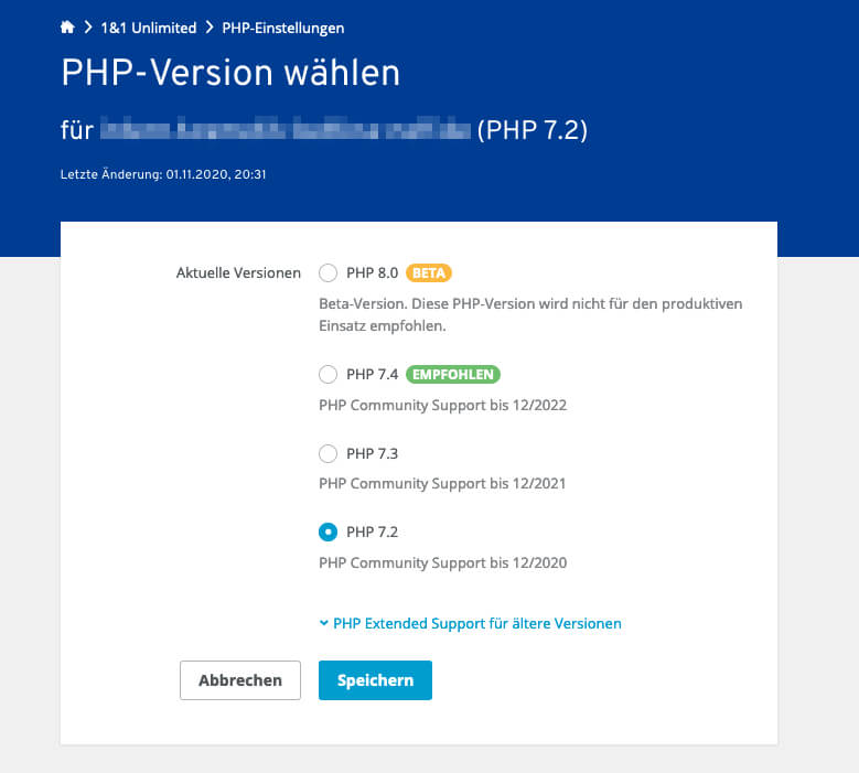 Bei Ionos kann man zu jeder Domain und Subdomain die PHP-Version auswählen.