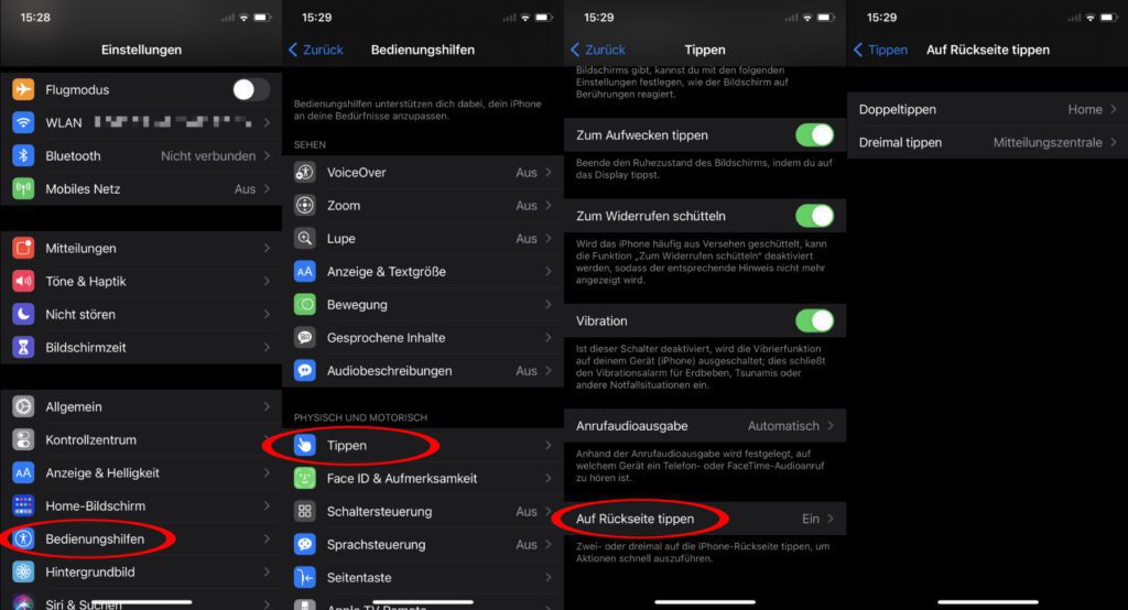 iPhone functions for the "tap on the back" function under iOS 14 can be found under Settings -> Accessibility -> Tap -> Tap on the back.