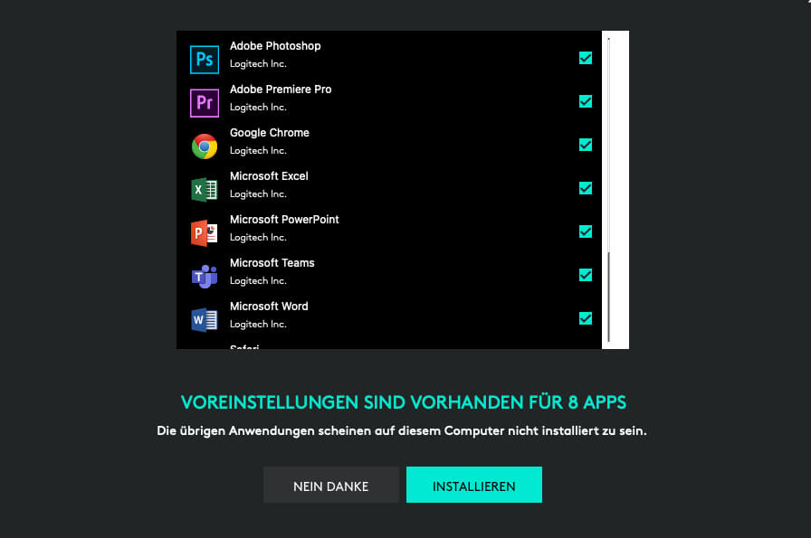 Die Logi Options Software erlaubt das Einstellen der Funktionen für kompatible Software von Drittanbietern.
