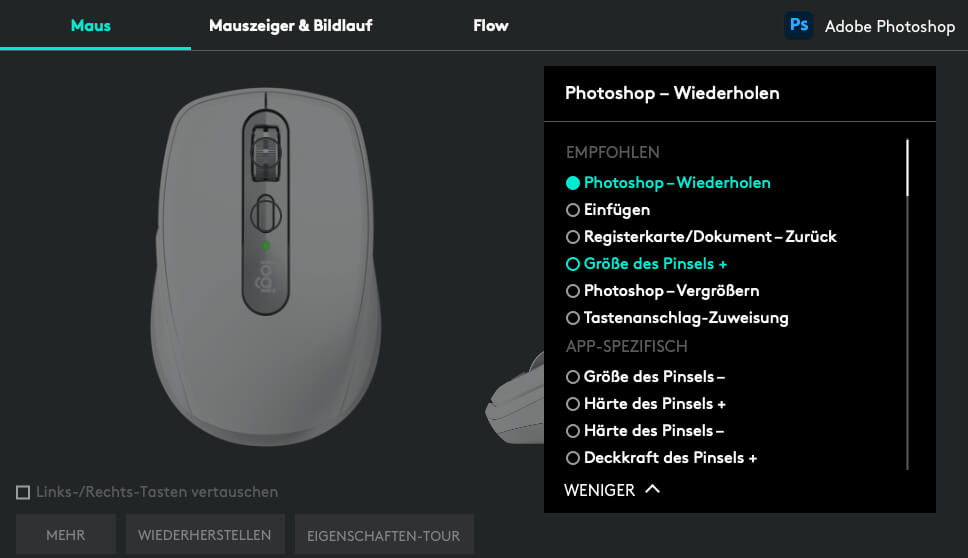 In der Logi Options Software läßt sich definieren, was beim Druck auf die verschiedenen Tasten passiert.