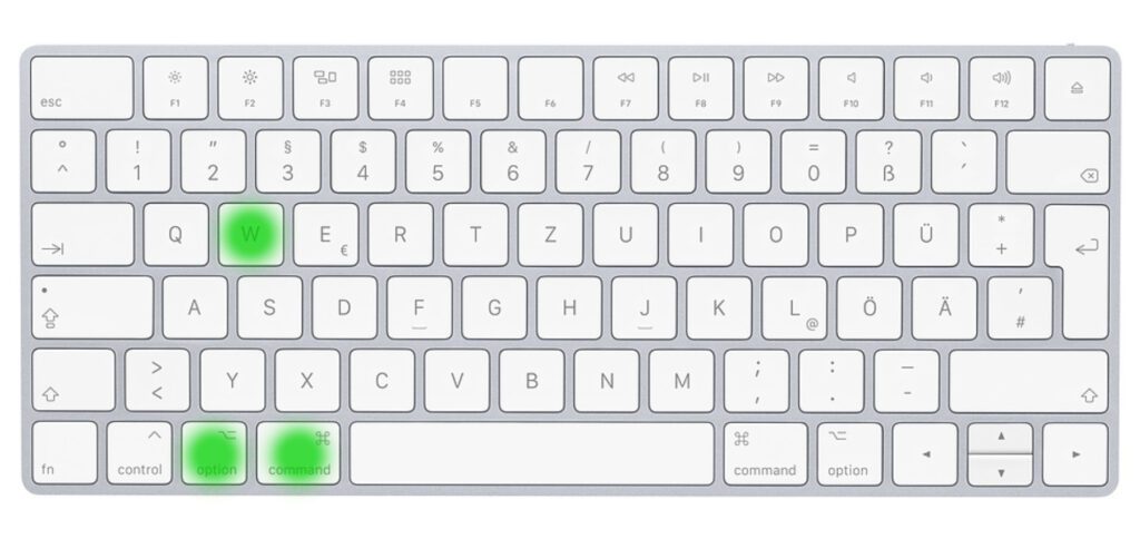 The Mac key combination for closing all windows of an app at the same time is: cmd + alt + W. Close all program windows under macOS without exiting the software completely.