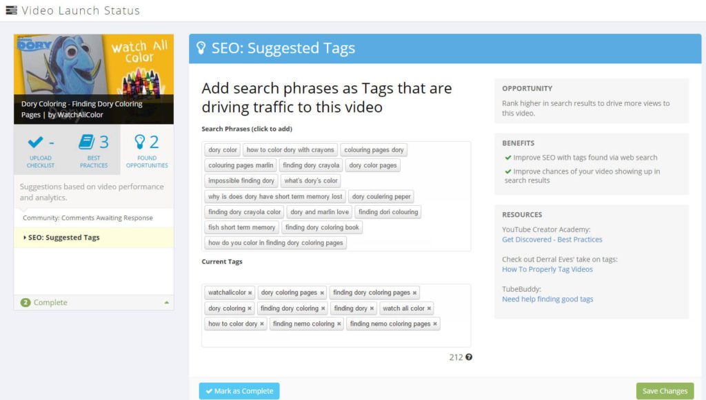 With the "Suggested Tags", TubeBuddy provides suggestions for each video as to which tags should still be used in order to generate more traffic.