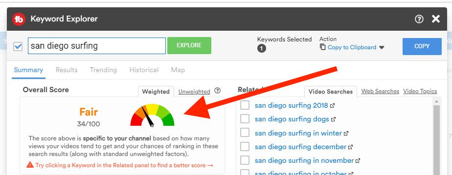 With the Keywords Explorer from TubeBuddy you can find out very quickly whether it is worth targeting a certain keyword or whether the competition is too big and the search volume is too low.