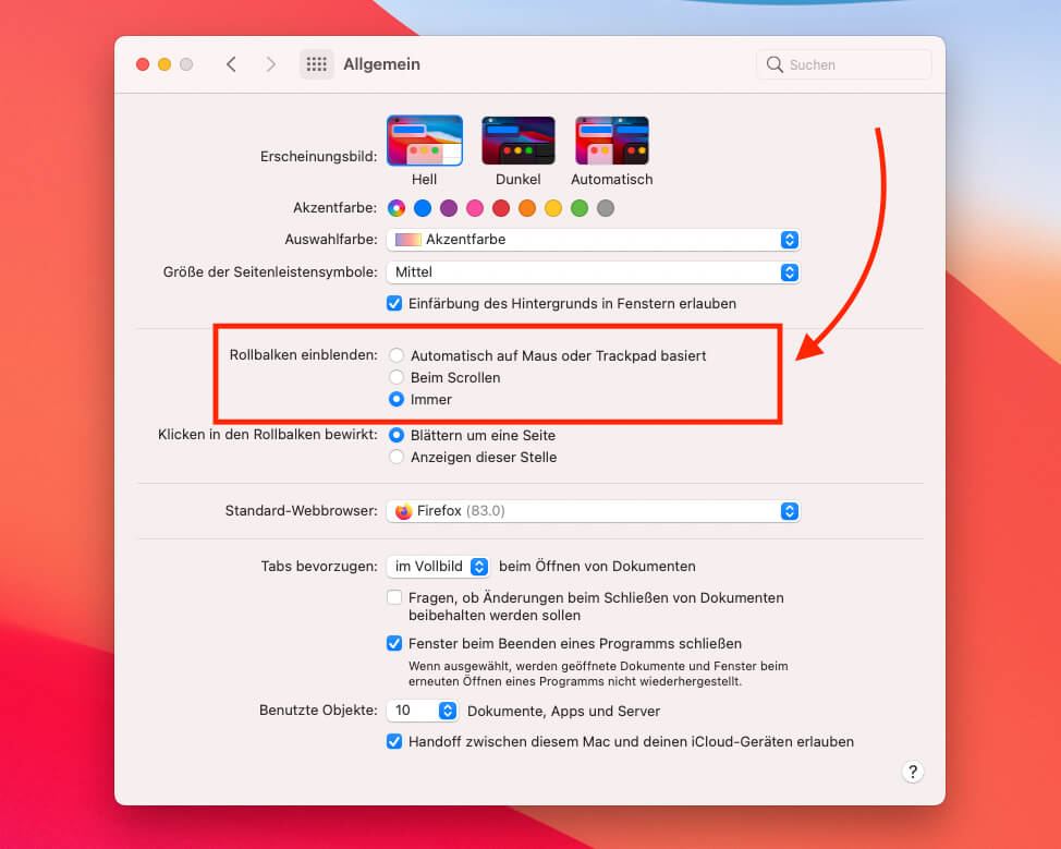 In den Systemeinstellungen lassen sich die Scrollbalken auch fest einblenden – so wie es früher auch war. Da war auch alles besser, oder?!? ;-)