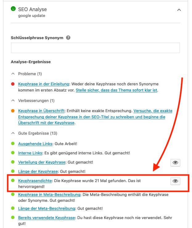 Möchte man die grüne Ampel bei Yoast SEO erreichen, läuft man Gefahr eine Überoptimierung bei Google auszulösen.