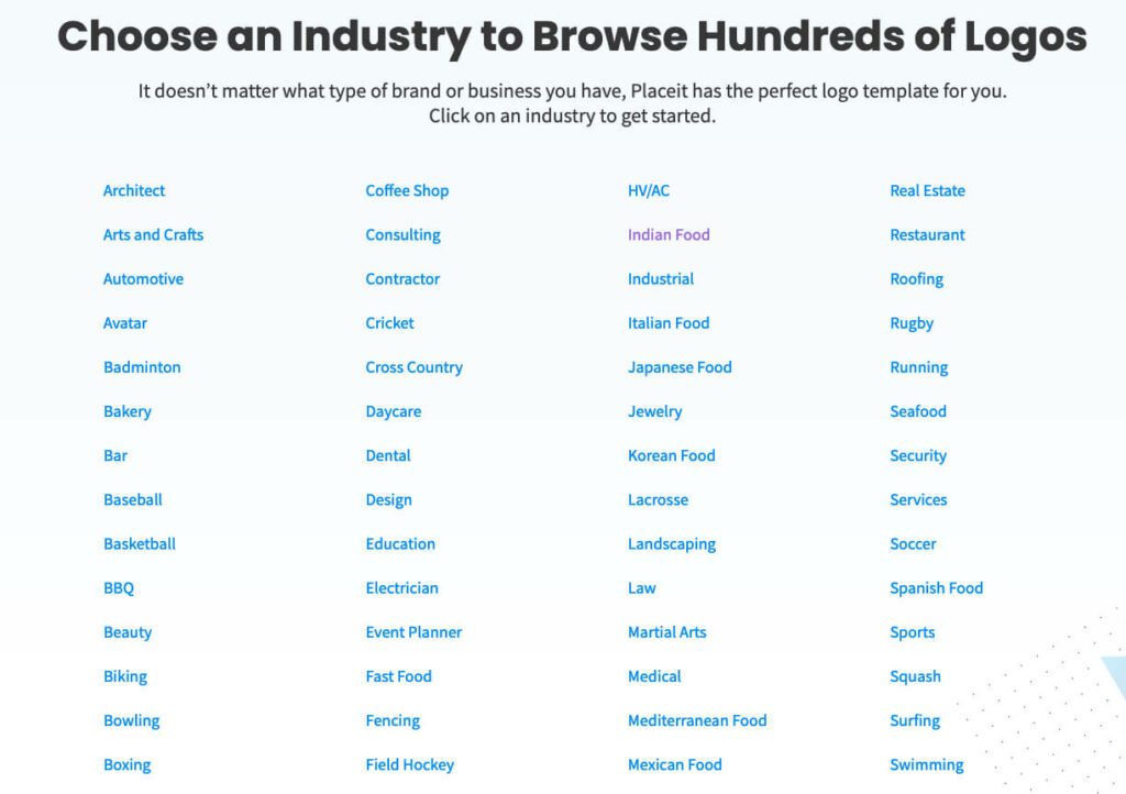Es gibt bei den Logos Kategorien mit Vorlagen für alle erdenklichen Unternehmen. Hier nur eine Auswahl. Die komplette Liste ist bestimmt doppelt so lang.