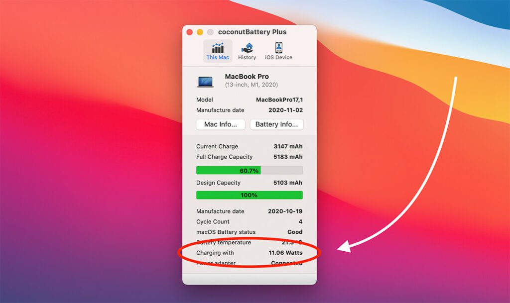 Mein Apple SIlicon MacBook Pro 13 Zoll wird laut Coconut Battery mit 11 Watt geladen, wenn die Powerbank angeschlossen ist (Fotos: Sir Apfelot).