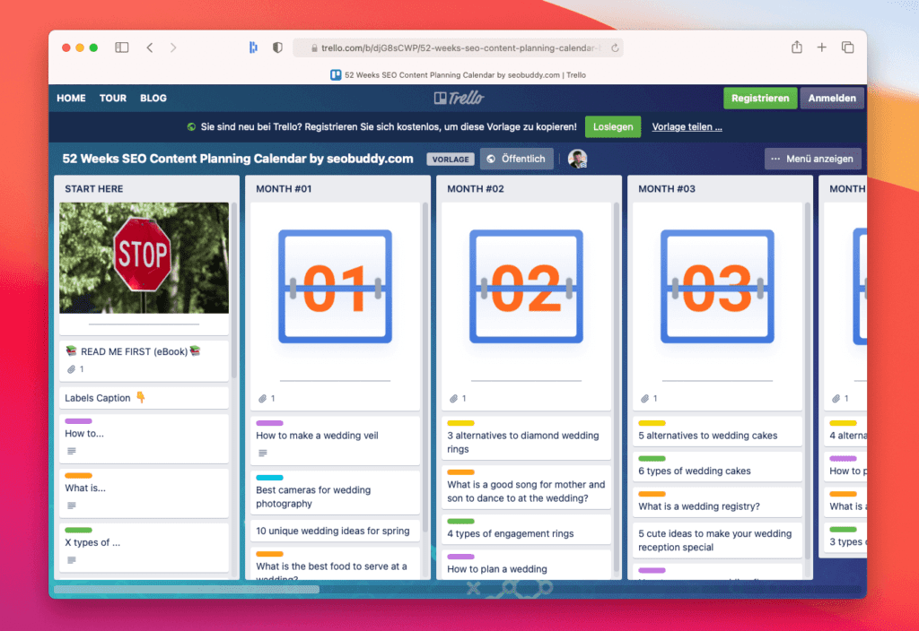 The Trello annual planning board is already filled with lots of wedding-themed examples so you can see what it might look like.