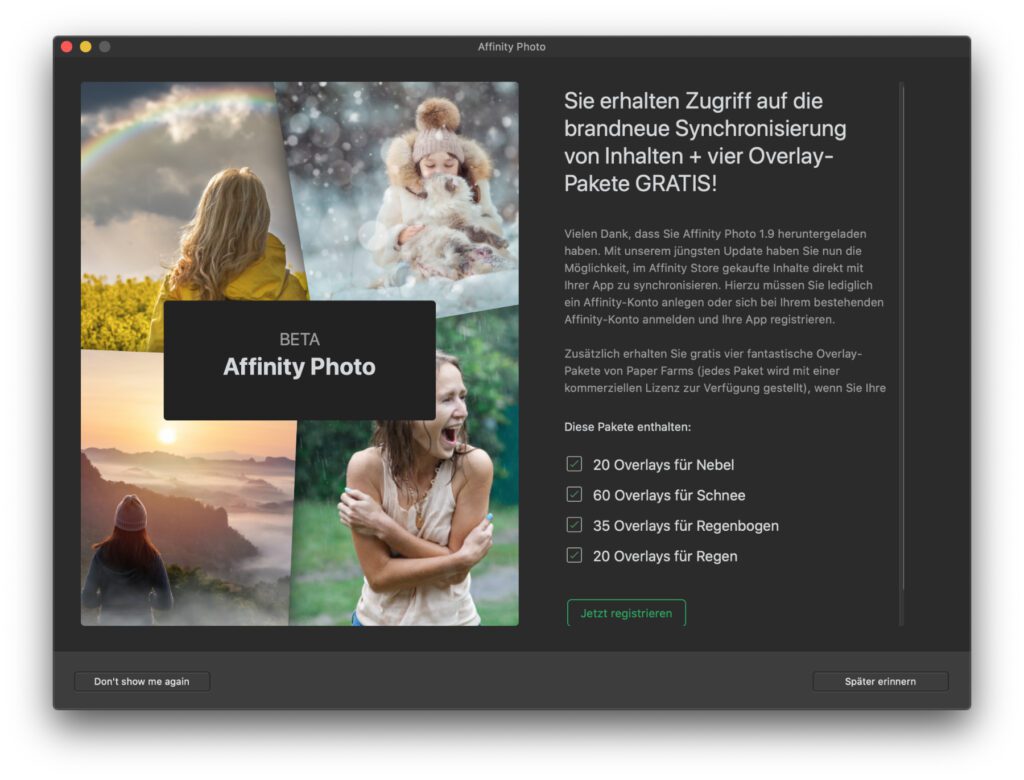 After updating to Affinity Photo 1.9, I was offered overlays as a free giveaway.