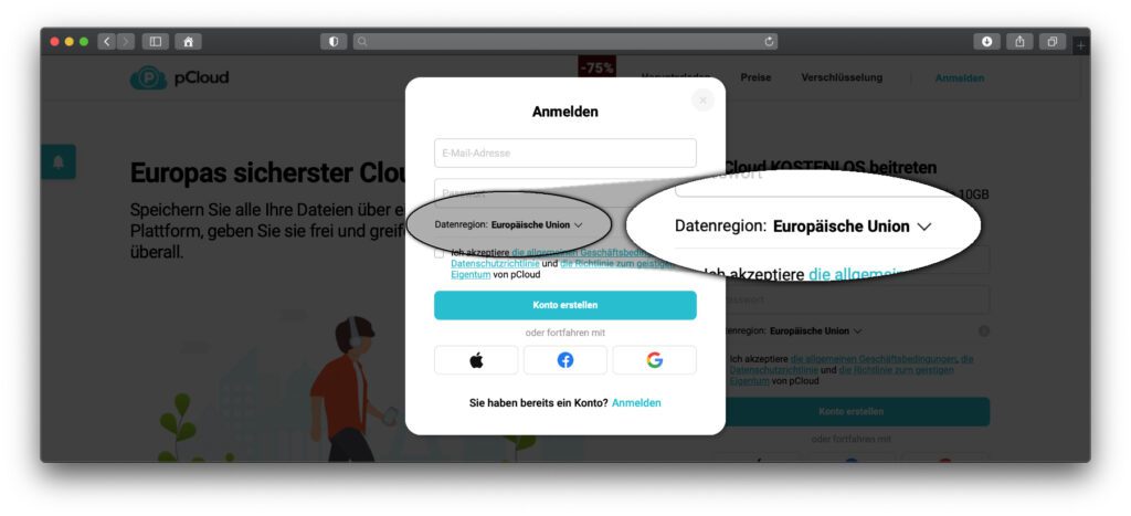 Klickt ihr auf der Startseite oder im Menü auf "Anmelden" und dann auf "Registrieren", könnt ihr schnell und einfach ein pCloud-Konto anlegen. Dabei ist direkt der Serverort EU auszuwählen.
