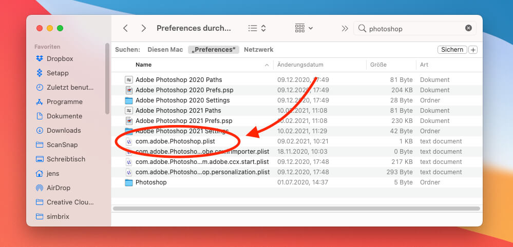 In diesem Beispiel habe ich nach der plist-Datei von Photoshop gesucht.