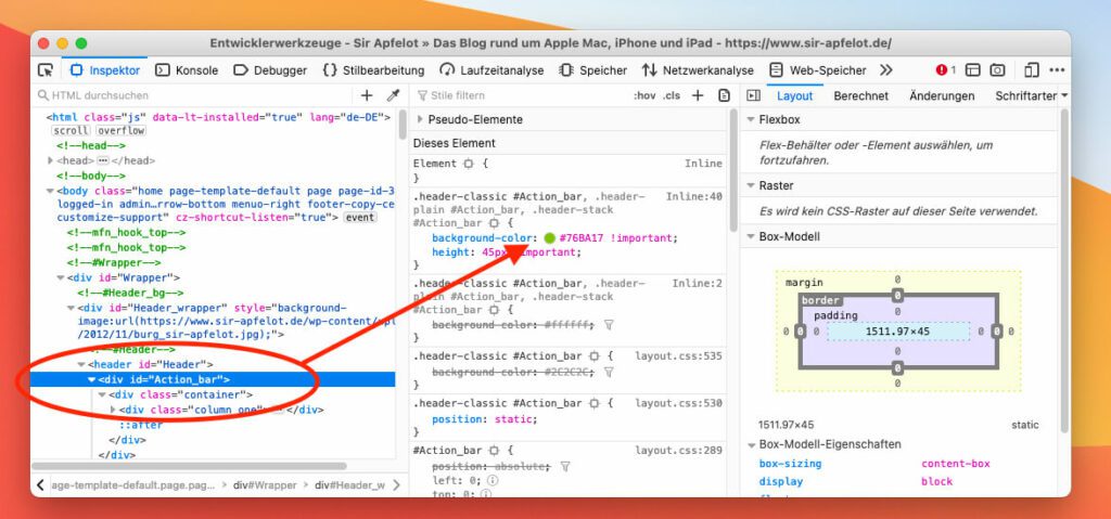 Über die Funktion "Element untersuchen" kann man in den gängigen Browsern immerhin schon Schriftfarben, Schriftarten oder Farben von DIV-Blücken oder anderen HTML-Elementen ermitteln.