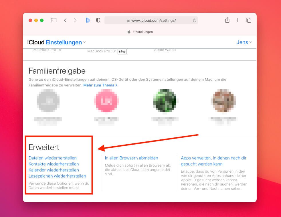 Ist man in den Einstellungen der iCloud, findet man links unten die Verweise auf die verschiedenen Wiederherstellungsoptionen.