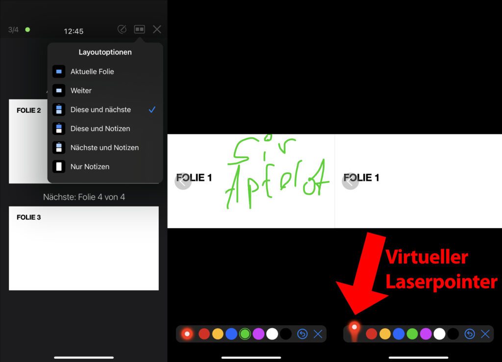 Hier seht ihr die Layout-Auswahl im Hochformat, das Markieren-Feature sowie das Tool, welches als Laserpointer auf der Mac-Präsentation dient.