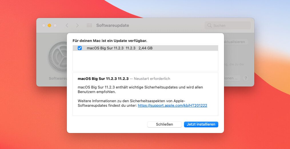 Das Update auf macOS 11.2.3 von Big Sur ist vor allen Dingen ein Sicherheitsupdate, das eine Lücke in Webkit stopft.