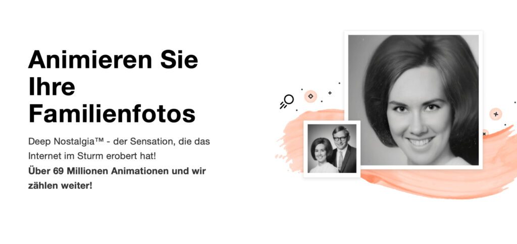 Una sezione del sito MyHeritage, dove troverai non solo l'offerta dell'albero genealogico per la tua ricerca genealogica, ma anche la tecnologia "Deep Nostalgia" per animare vecchie foto.