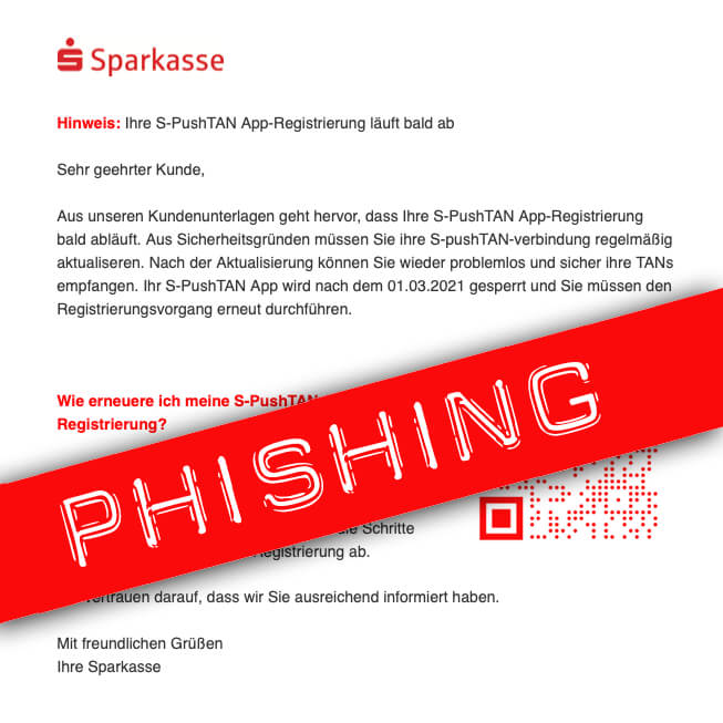 Of course, this email did not come from the Sparkasse, but was sent by fraudsters who would like to get the Sparkasse access data.