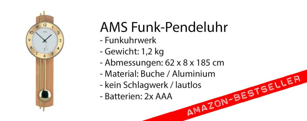 Die AMS Funk-Wanduhr mit Pendel ist einer der Bestseller auf Amazon. Nicht ohne Grund, denn die moderne Ästhetik passt in viele Wohnräume (Foto: Amazon).