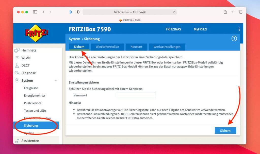 Über System > Sicherung kann man die Einstellungen der FritzBox speichern und später wiederherstellen.