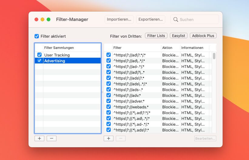 Im Filter-Manager kann man einstellen, ob man nur Tracker oder nur Werbung oder beides blocken möchte. Die Einstellungen lassen sich sehr detailiert vornehmen.