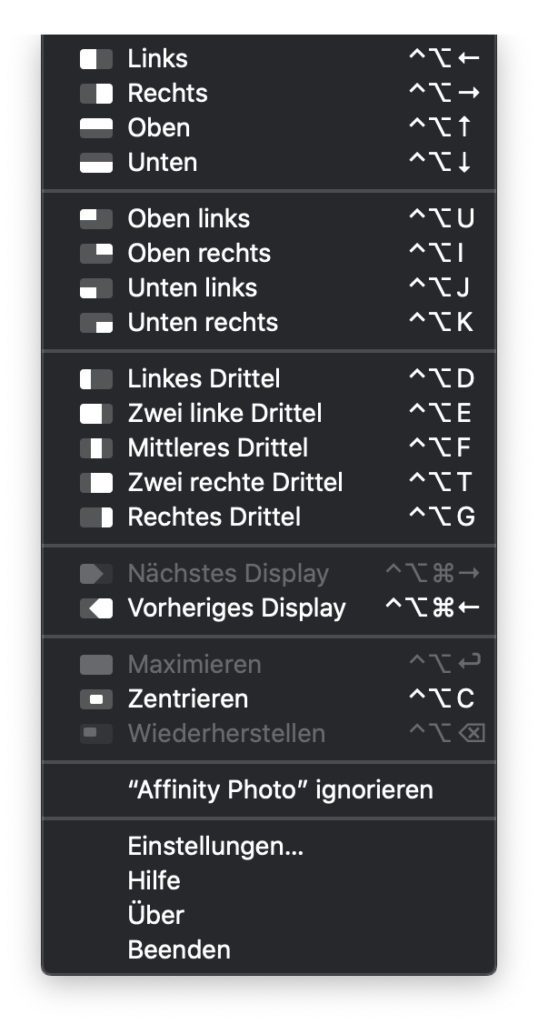 If you click on the magnet symbol in the macOS menu bar, you will be presented with this dropdown selection.