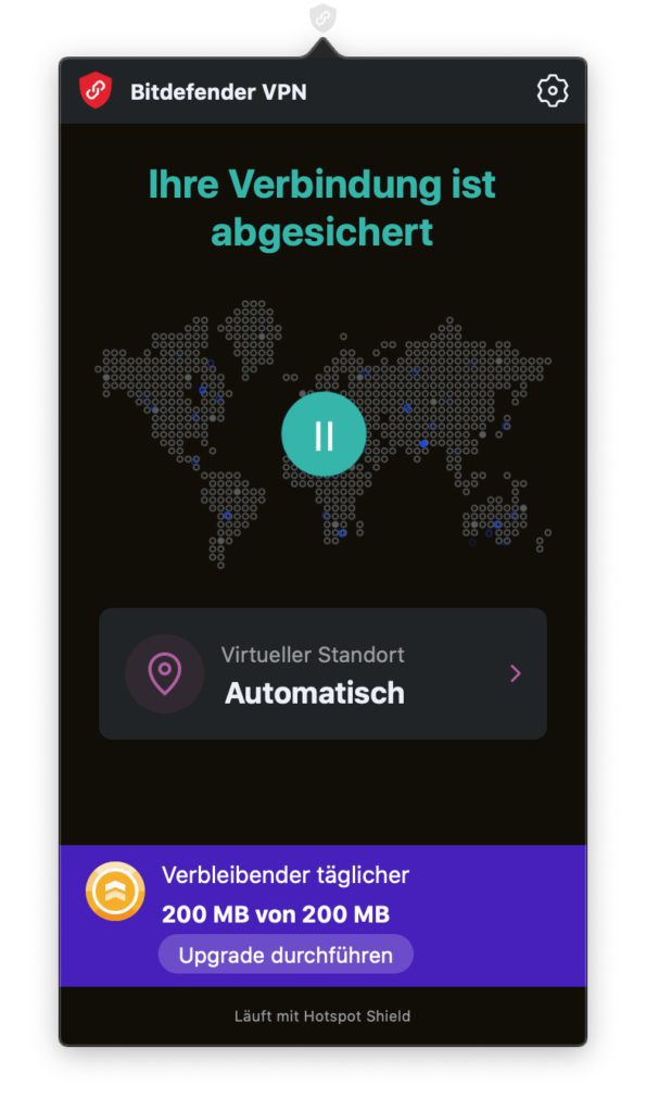 Aktiviert ihr die VPN-Funktion, dann lässt sich (neben dem Bitdefender-Symbol) ein VPN-Symbol in der macOS-Menüleiste nieder. Darüber könnt ihr die verschlüsselte Verbindung verwalten sowie Server / Serverstandorte auswählen.