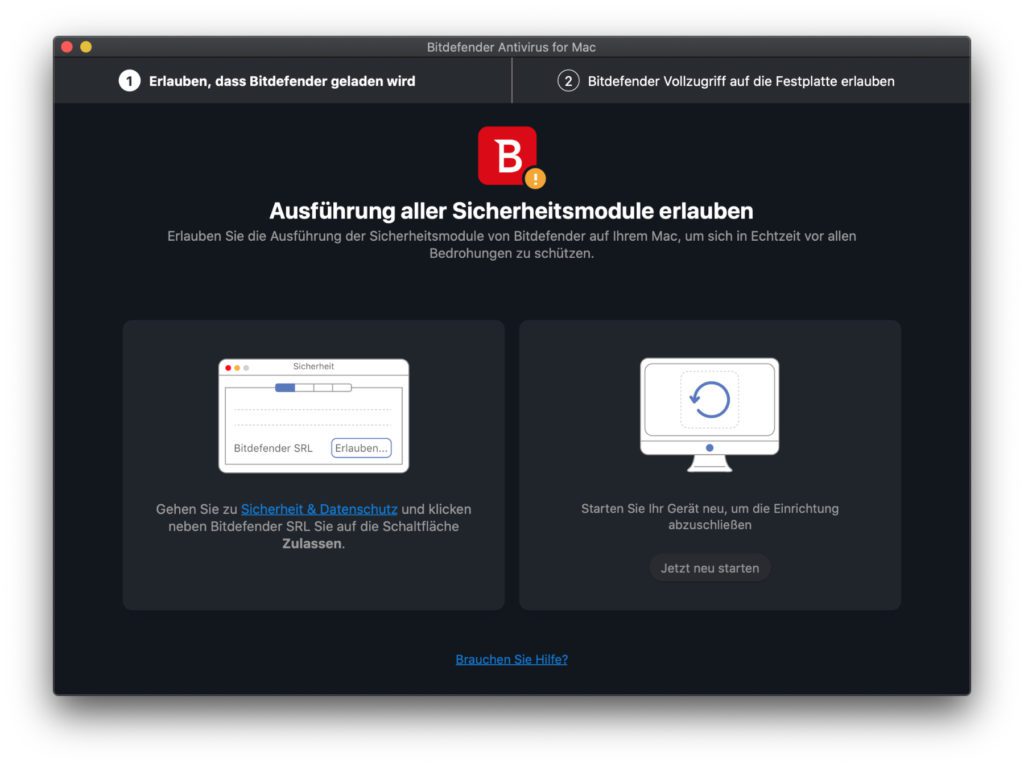Vor allem wenn ihr die App von der Bitdefender-Webseite herunterladet, müsst ihr wahrscheinlich anfangs noch ein paar Berechtigungen zuweisen.