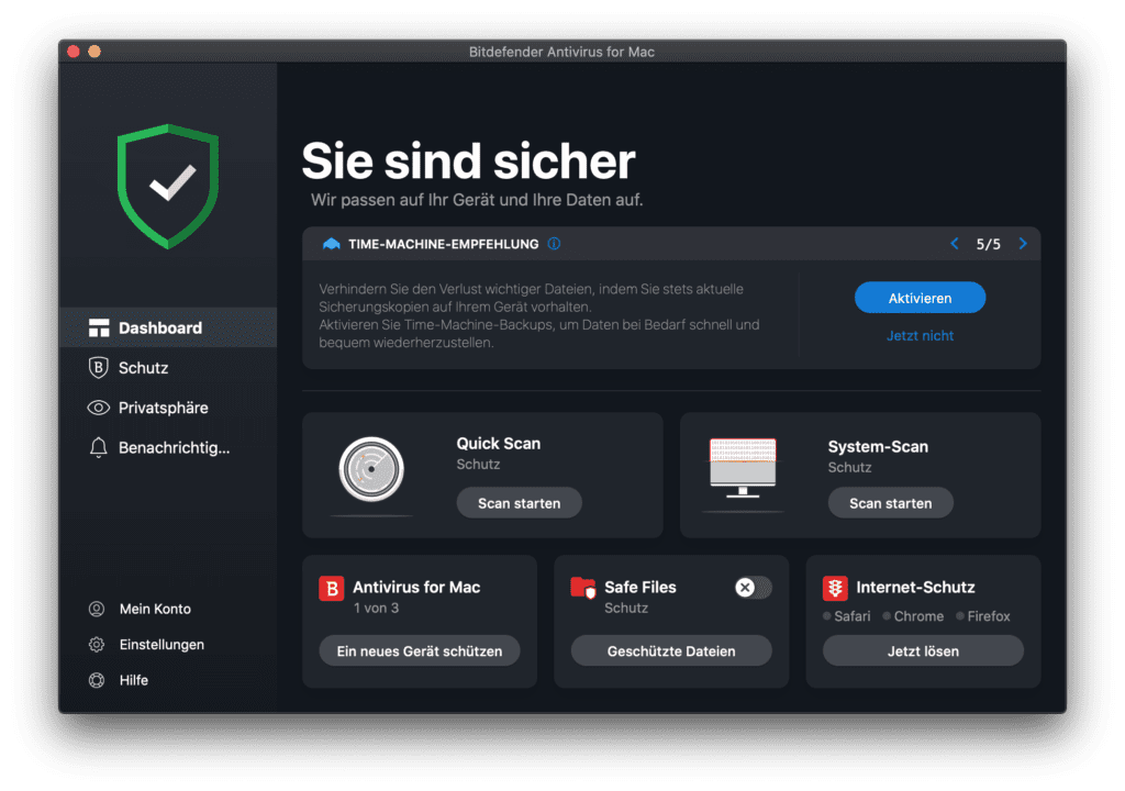 Am Anfang landet ihr auf dem Dashboard, dort könnt ihr schon die wichtigsten Funktionen nutzen: System-Scan, Quick Scan, Einrichtung weiterer Macs (bei entsprechender Lizenz), Safe Files, etc.