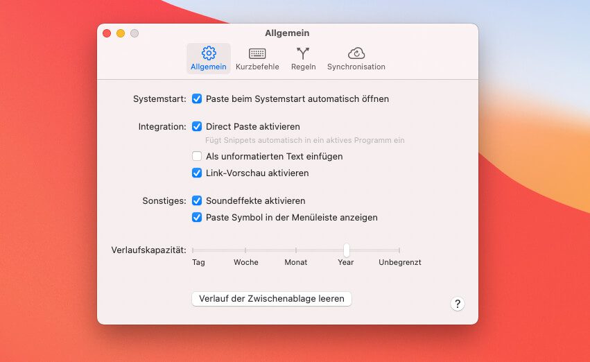 Über die Einstellungen von Paste läßt sich festlegen, wie lange Inhalte der Zwischenablage aufgehoben werden sollten. Ich habe dies auf ein Jahr gestellt, damit ich auch selten genutzte Daten wieder nutzen kann.