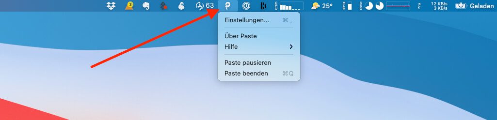 The Paste.app does not appear in the dock, but is available in the menu bar. However, the history is usually displayed with a keyboard shortcut.
