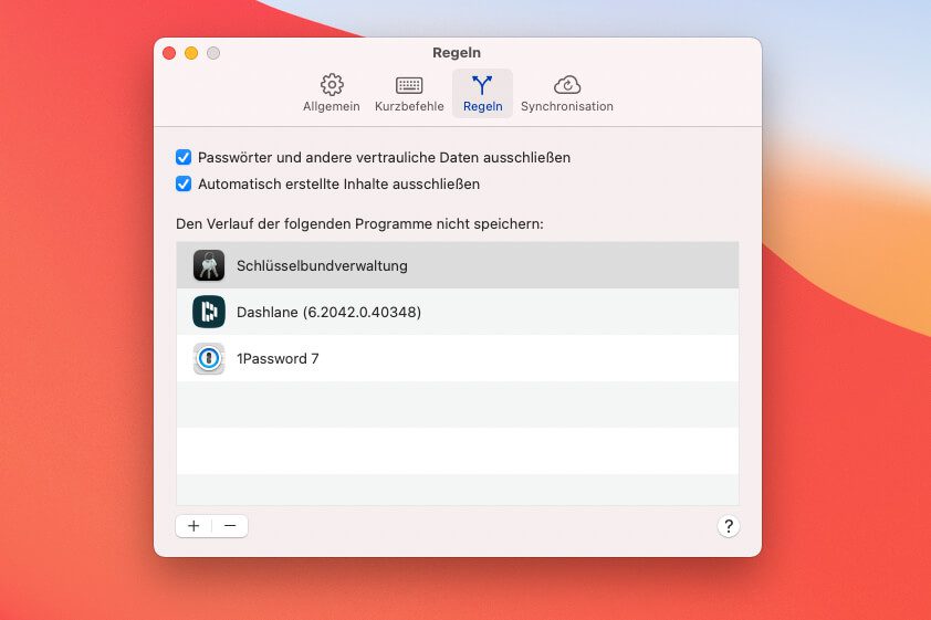 Über die Regeln wird zum Beispiel automatisch definiert, dass Passwortmanager keine Informationen in die Paste-Historie ablegen dürfen.