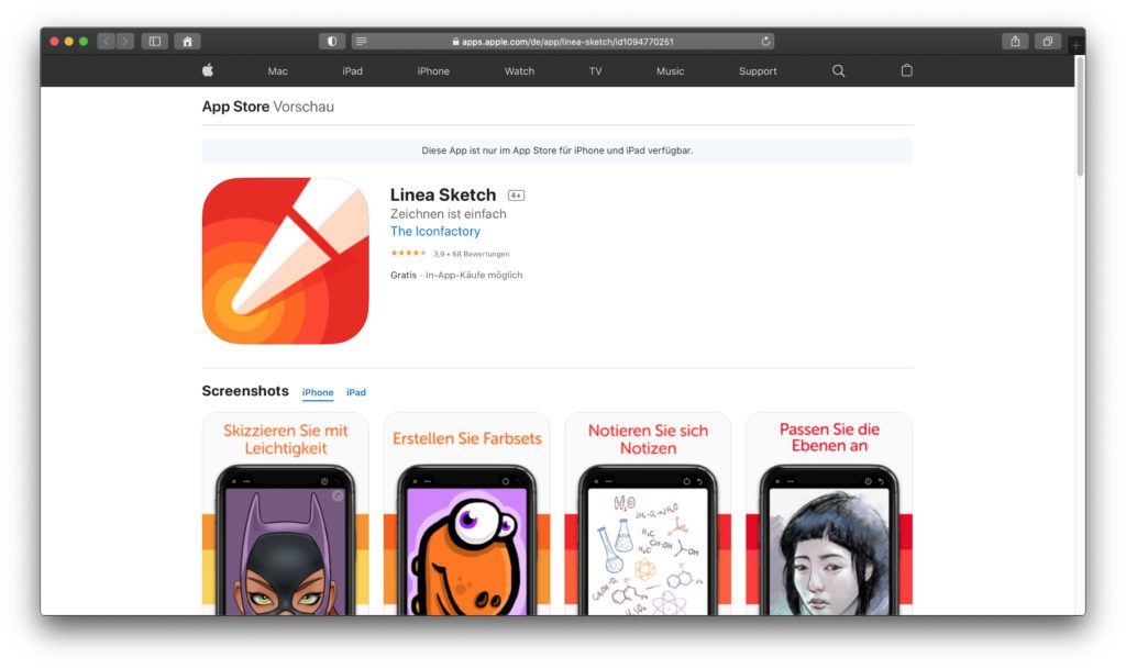 Linea Sketch – Das Programm bietet einen guten Einstieg, ist aber nicht unbedingt für professionelle Projekte geeignet. Dafür lassen sich die Skizzen aus dieser App für Photoshop ausgeben.