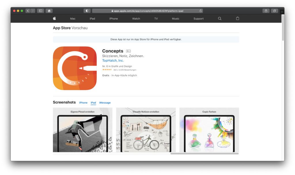 Concepts – Malen und Zeichnen am iPad, aber mit anderen Ansätzen als in den vorigen Apps. Der Aufbau sowie der Zukauf von Inhalten ist individueller gestaltet, um mehr Freiheiten zu bieten.