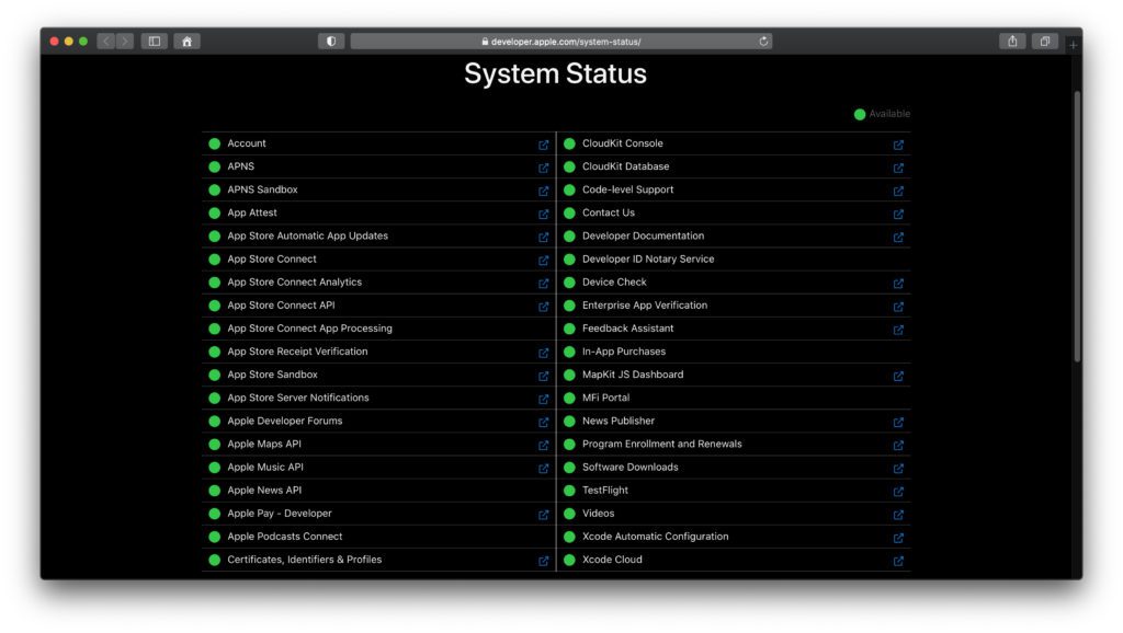 Der Apple Developer System Status zeigt ähnlich dem regulären Systemstatus die Verfügbarkeit von Apple-Diensten an. Hier aber speziell für jene, die für Entwickler/innen gedacht sind.