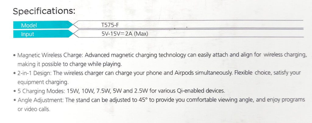 Hier sieht man die technischen Daten des Ladeständers:er bietet bis zu 15 Watt Qi-Charging.