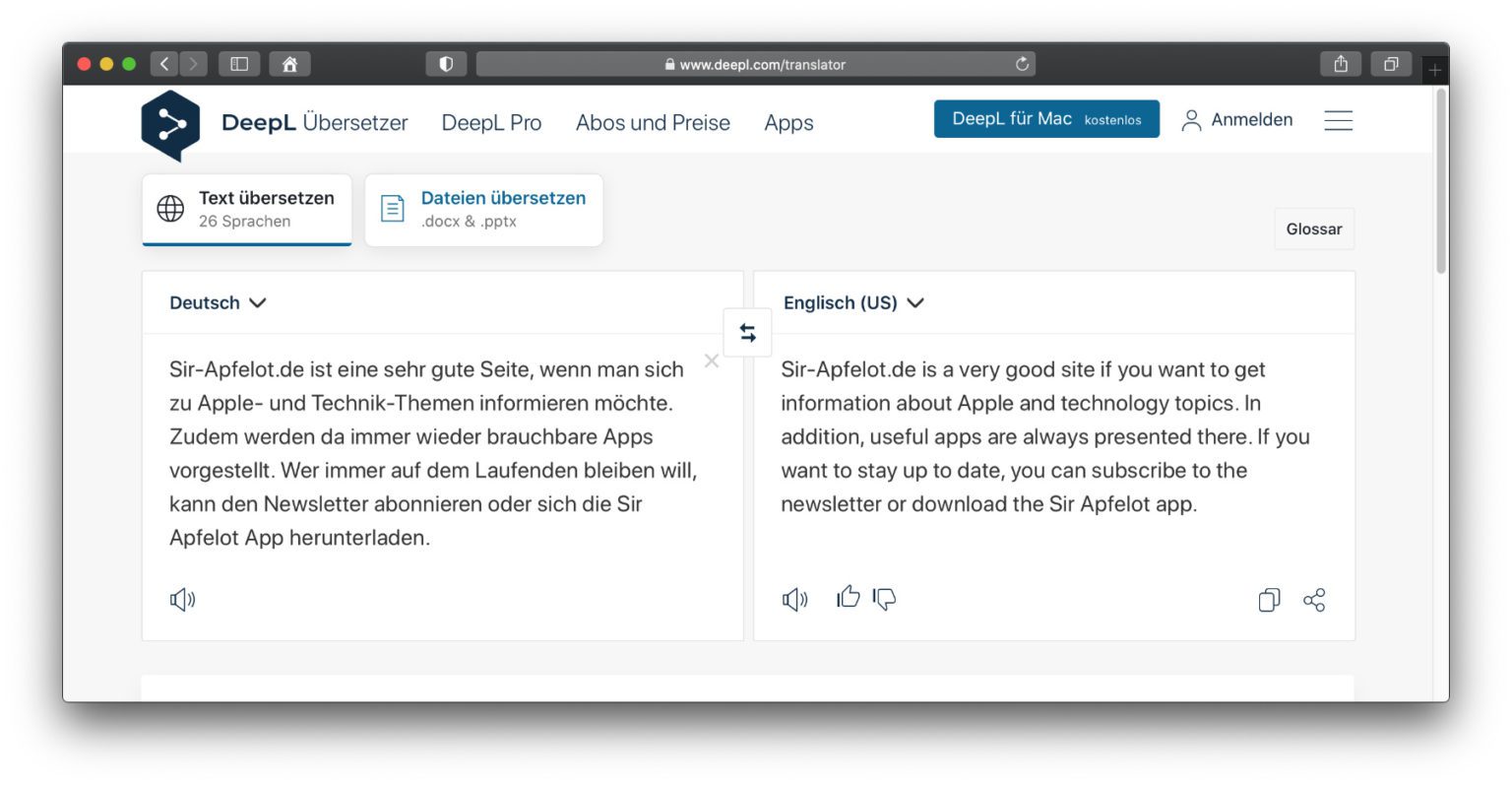 DeepL translator as website, app and pro version »Sir Apfelot