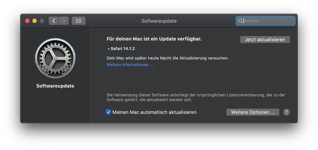 Unter Systemeinstellungen -> Softwareupdate findet ihr in macOS 10.14 Mojave und macOS 10.15 Catalina den Hinweis auf Safari 14.1.2. Da wahrscheinlich schwerwiegende Sicherheitslücken geschlossen werden, solltet ihr das Update zeitnah installieren.