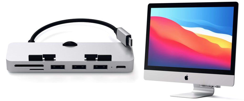The Satechi USB-C hub for the Apple iMac (2017 to 2020) and Apple iMac Pro with Thunderbolt 3 offers USB-A, USB-A and SD / microSD slots for the desktop computer. It can be clamped to the underside, which keeps the desk tidy.