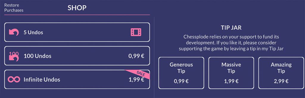 You don't actually have to throw in money at Chessplode, but if you want to support the developer, you can buy a few goodies or simply donate.