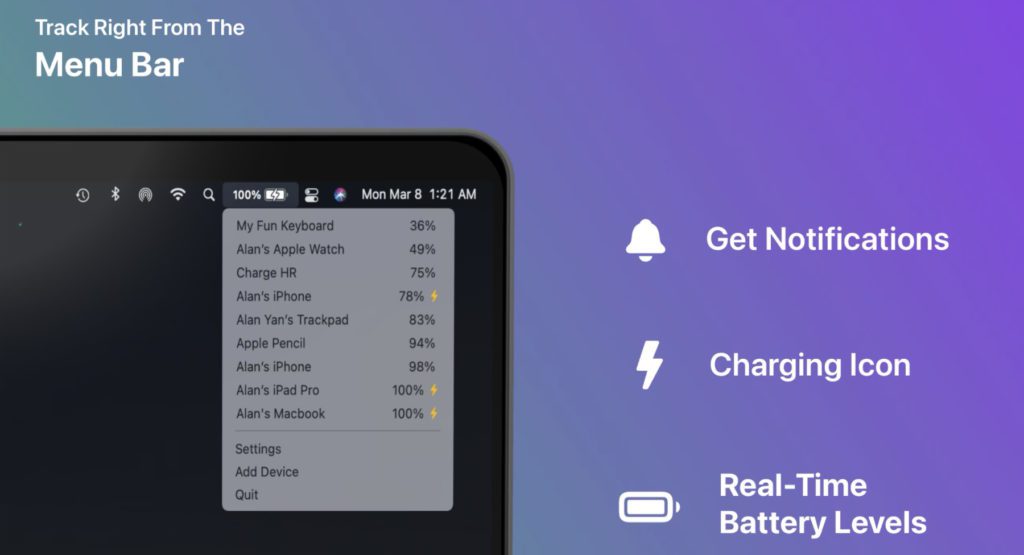 With Cloud Battery you can keep an eye on the battery and charge status of your Apple devices from your Mac.