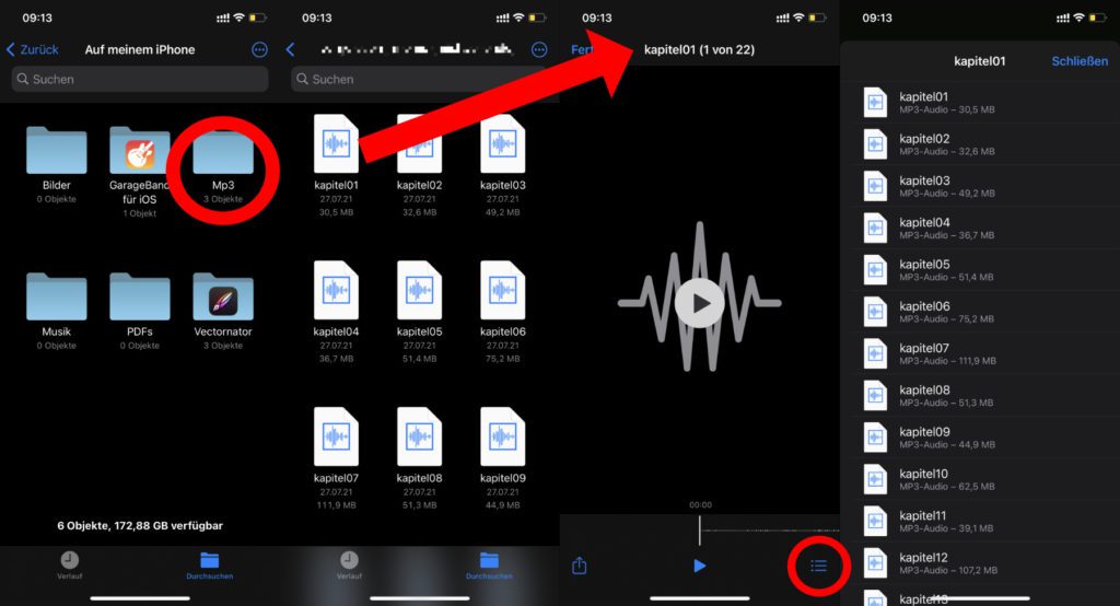 Über die iOS Dateien App könnt ihr einzelne MP3 Files auswählen und ihre Wiedergabe starten. In einer Liste (Symbol unten rechts im Player) werden euch dann die weiteren Dateien des Quellordners angezeigt, und man kann sie für die Wiedergabe auswählen. Automatisch läuft das aber nicht.