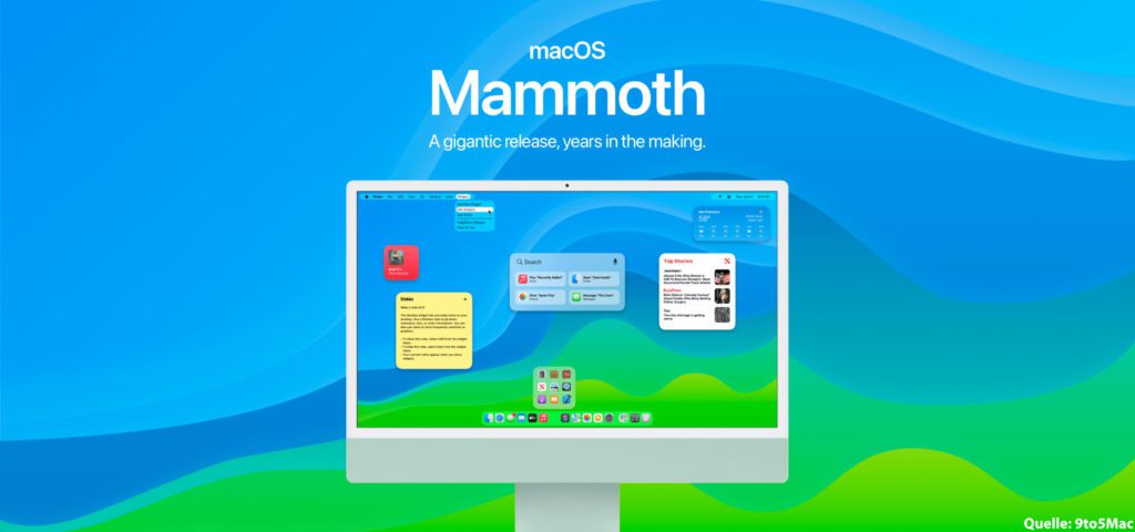 macOS Mammoth soll das Mac-Betriebssystem sein, das im Herbst 2022 ausgerollt wird. Wie es aussehen könnte, das wurde bei 9to5Mac aufgezeigt. Hier seht ihr z. B. Widgets auf dem Mac-Schreibtisch und eine geteilte, dynamische Menüleiste am oberen Bildschirmrand.